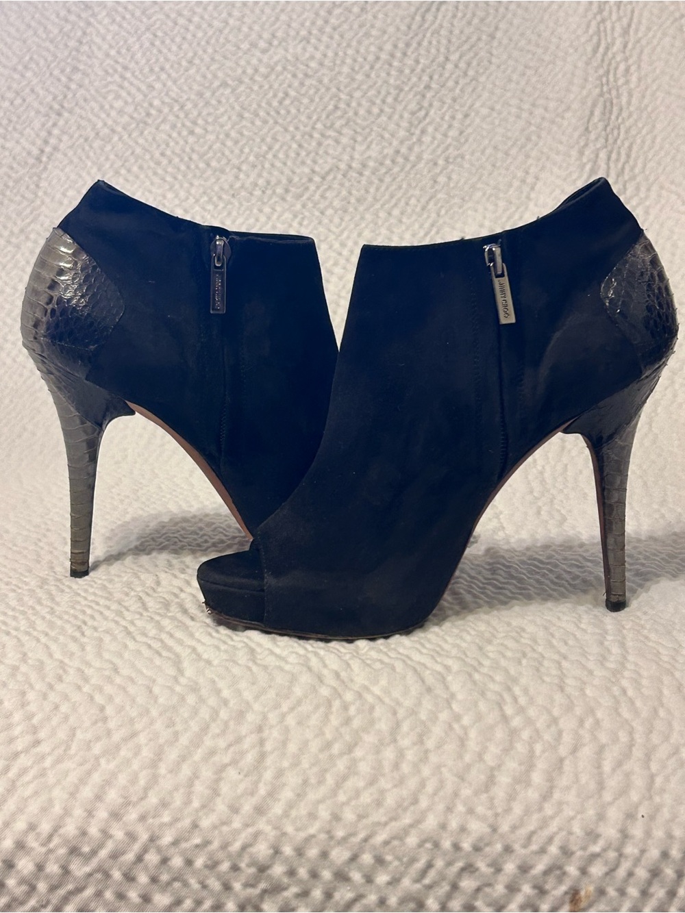 Jimmy Choo Women's Black Suede Peep-Toe Ankle Booties with Snake SkTextured Heel